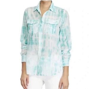 Lauren Ralph Lauren Silk Cotton Tie Dye Button Front Shirt Light Blue SZ M